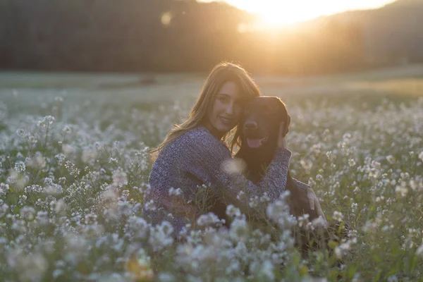 Junge Frau Und Hund Sitzen Der Dämmerung Einem Blumenfeld — Stockfoto