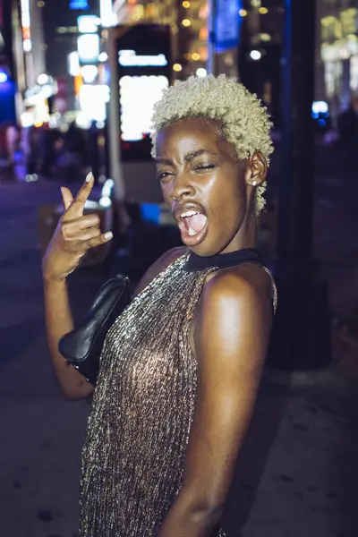 Retrato Mulher Afro Americana Legal Times Square Noite Eua Nova — Fotografia de Stock