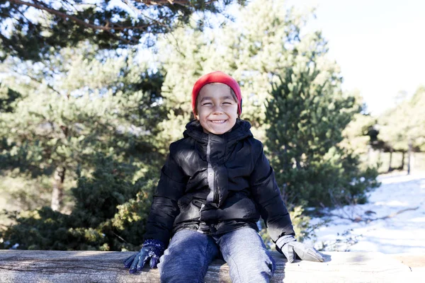 Portret Uśmiechem Mały Chłopiec Siedzi Pniu Drzewa — Zdjęcie stockowe