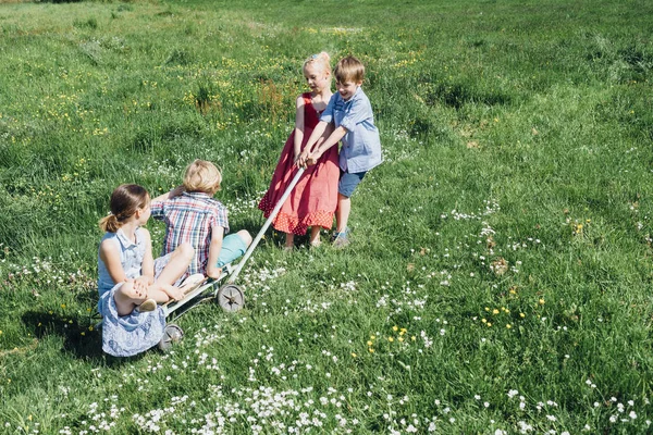 Enfants jouant dans la prairie — Photo
