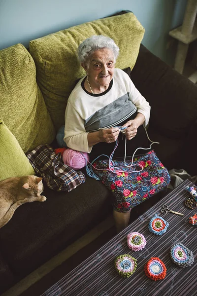 Portrait Crocheting Senior Woman Sitting Couch Her Sleeping Cat — Stock Photo, Image