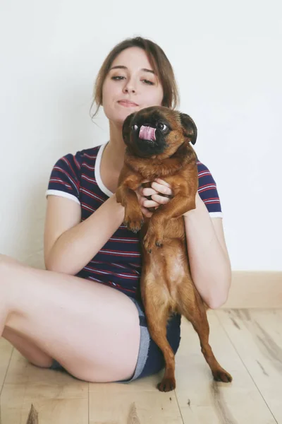 Jovem Mulher Segurando Seu Cão — Fotografia de Stock