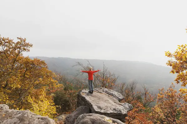 Allemagne Rhénanie Palatinat Forêt Palatinat Femme Pratiquant Yoga Sur Drachenfels — Photo