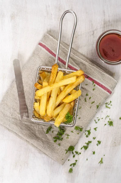 Deep Fried French Fries Chip Basket Ketchup — Stock Photo, Image