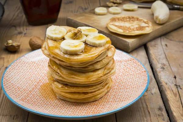 Pancakes Walnut Maple Syrup Banana Plate — Stock Photo, Image