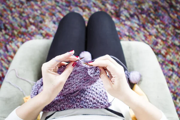 Close Woman Hands Knitting — Stock Photo, Image