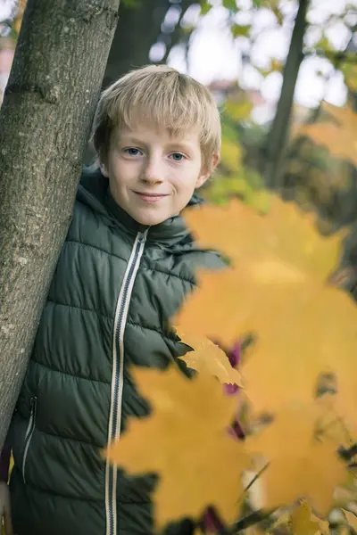 Portrait Smiling Boy Leaning Tree Trunk Autumn — Stock Photo, Image