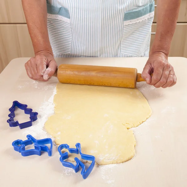 Woman Kneading Dough Rolling Pin Cookie Cutters — Stock Photo, Image