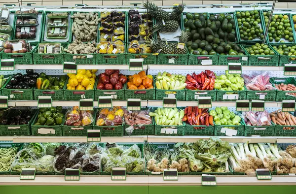 Stand Different Fruits Vegetables Supermarket — Stock Photo, Image