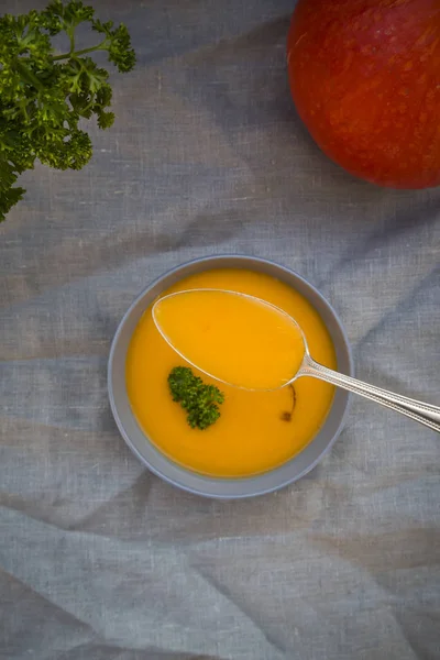 Hokkaido Suppe Schüssel Mit Löffel Und Kräutern — Stockfoto