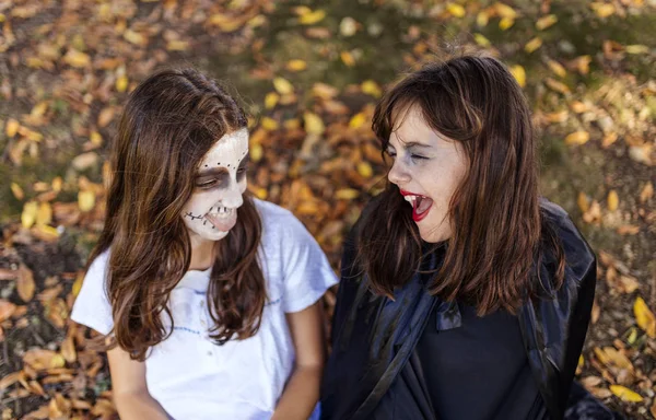 Little Girls Halloween Costumes Laughing Autumnal Park — Stock Photo, Image