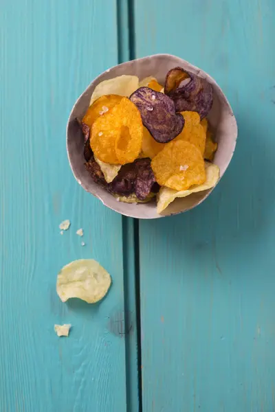 Bowl Different Sorts Potato Chips Blue Wood — Stock Photo, Image