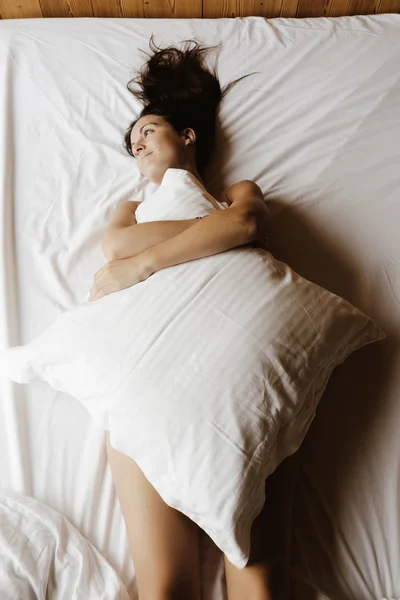 Daydreaming Woman Lying Bed Covering Her Body Pillow — Stock Photo, Image