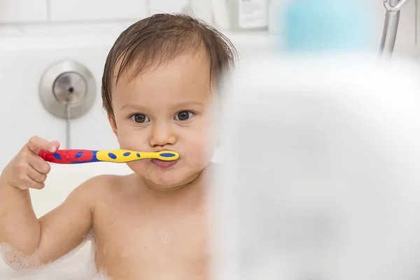 Retrato Uma Menina Escovando Dentes Uma Banheira — Fotografia de Stock