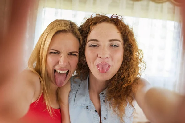 Retrato Duas Amigas Sexo Feminino Salientando Línguas Enquanto Olha Para — Fotografia de Stock