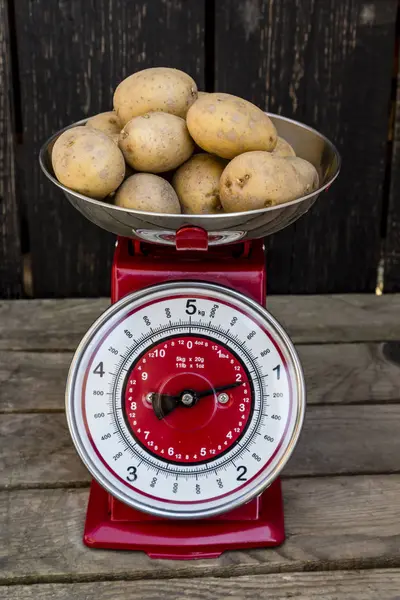 Kilogram Fresh Potatoes Kitchen Scale Wooden Background — Stock Photo, Image