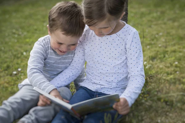 少女と絵本で草原に座って彼女の弟 — ストック写真