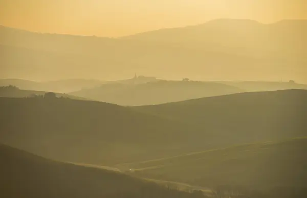 Italien Toscana Val Orcia Visa Rullande Landskapet Vid Soluppgången Dimman — Stockfoto