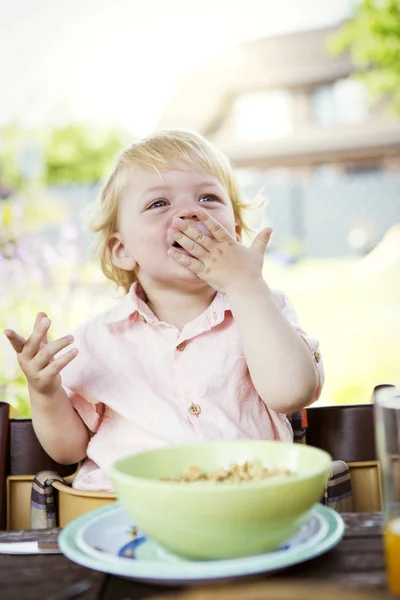 Portrait Little Boy Having Breakfast — Stock Photo, Image
