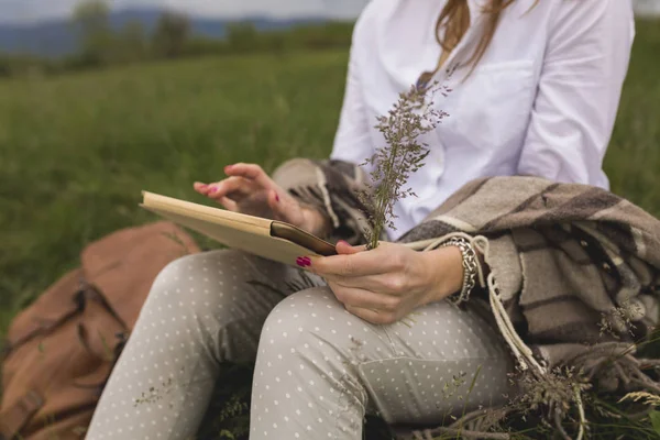 部分ビューの つの手で草を保持しているデジタル タブレットを使用して草原に座っている女性 — ストック写真
