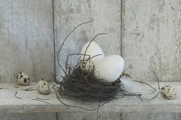 Easter Eggs Quail Eggs Nest Wooden Shelf — Stock Photo, Image