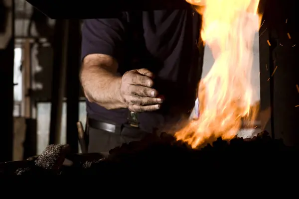 Blacksmith Work Male Hand View Fireplace — Stock Photo, Image