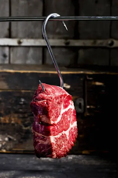 Raw Piece Beef Hanging Meat Hook Dark Background — Stock Photo, Image