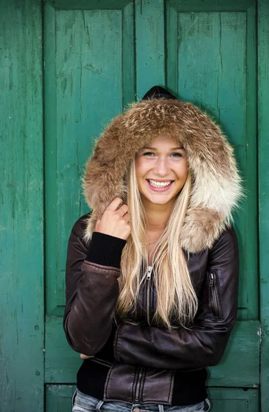 Smiling Teenage Girl Wearing Hooded Leather Jacket — Stock Photo, Image