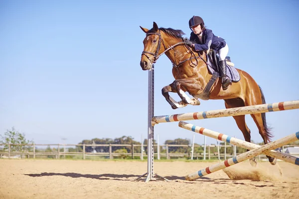 Jovem Mulher Obstáculo Passagem Cavalo Curso — Fotografia de Stock