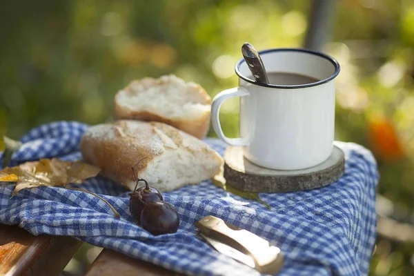 Coffee Bread Grapes Autumn Leaves Wooden Bench — Stock Photo, Image