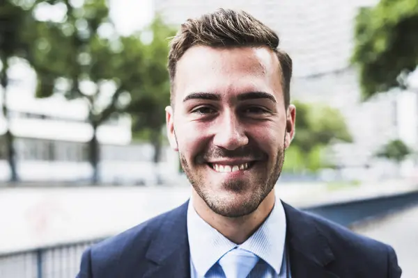 Portrait Young Businessman Smiling Camera — Stock Photo, Image