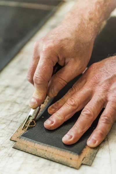Saddler Preparing Leather Groove Cutter — Stock Photo, Image