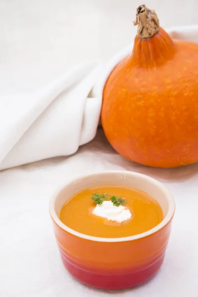 Pumpkin Soup Bowl Pumpkin White Fabric — Stock Photo, Image