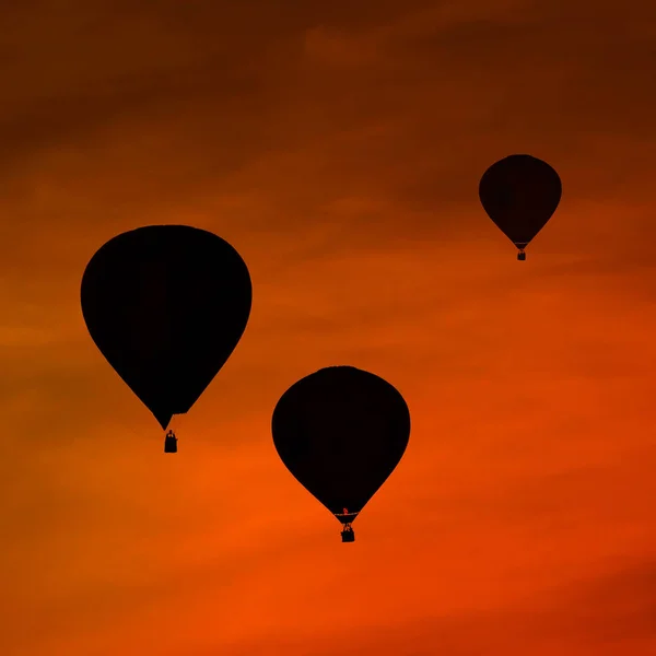 Silhouettes Three Air Balloons Front Red Evening Sky — Stock Photo, Image
