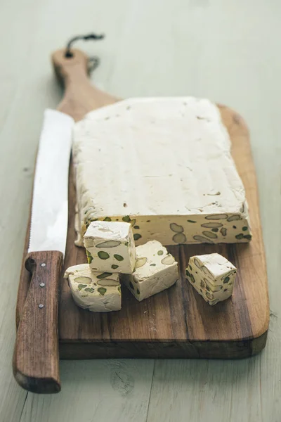 Diced Home Made Turron Pistachios Almonds Wooden Board — Stock Photo, Image