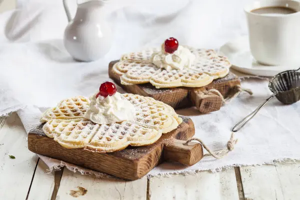 Closeup Waffles Whipped Cream Cherries Cutting Boards — Stock Photo, Image