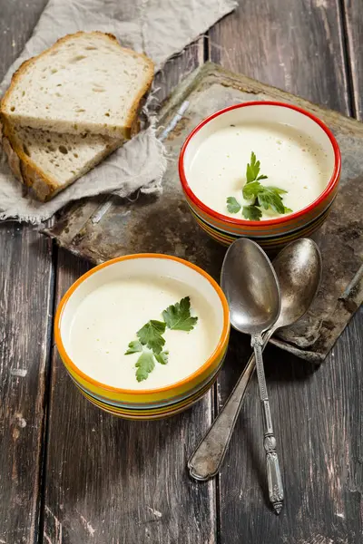 Cream Corn Soup Bowls Dark Wood Bread Spoons — Stock Photo, Image