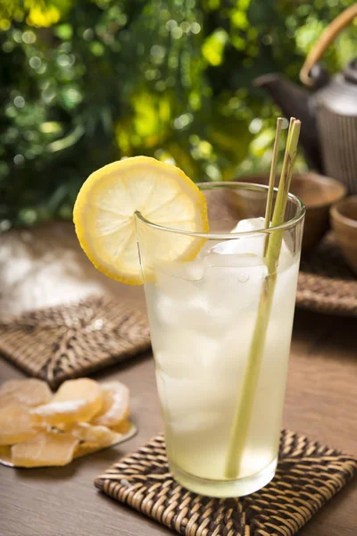 Ginger Lemon Tea Glass Fresh Lemongrass Candied Ginger — Stock Photo, Image