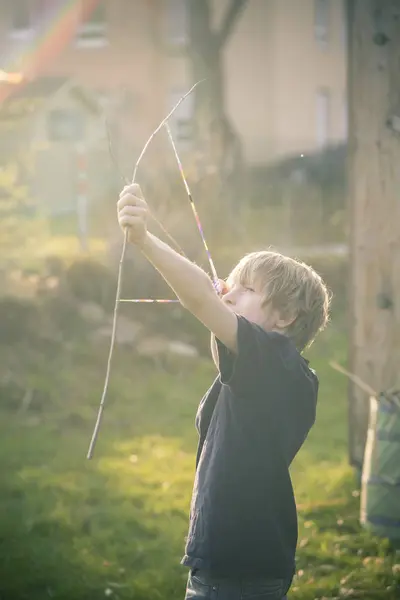 Boy Using Bow Self Built Twigs Looms — Stock Photo, Image