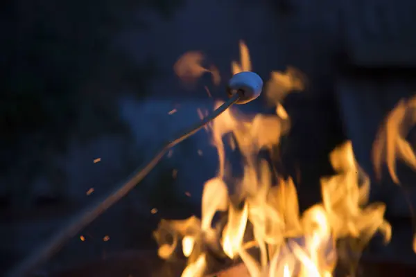 Hoguera Pincho Con Malvavisco Por Noche —  Fotos de Stock