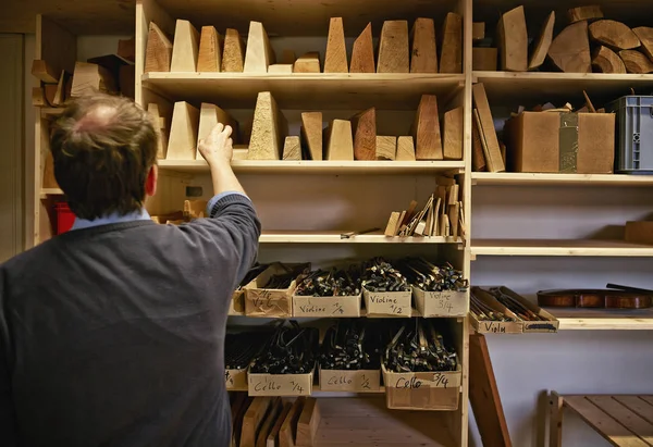 Violin Maker Choosing Wooden Material Workshop — Stock Photo, Image