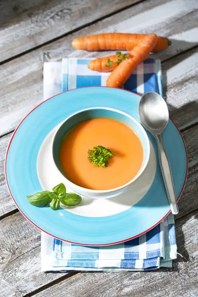 Carrot Soup Soup Bowl Fresh Carrots Wooden Table — Stock Photo, Image