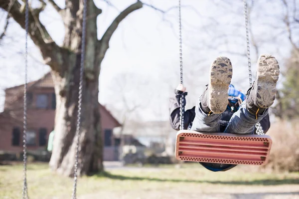 Little Boy Swinging Playground — Stock Photo, Image