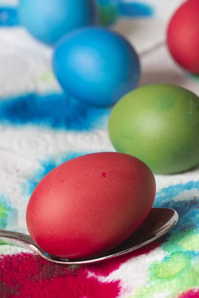 Close Dyeing Easter Eggs Spoon Napkin — Stock Photo, Image