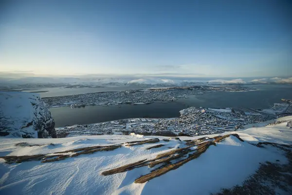 Vista Storsteinen Paesaggio Urbano Ponte Tromso Inverno Tromso Troms Norvegia — Foto Stock