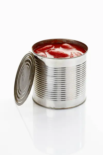 Closeup Peeled Tomatoes Tin Can White Background — Stock Photo, Image