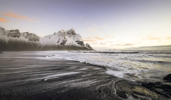 Utsikt Över Svarta Sandstranden Stranden Stokksnes Island — Stockfoto