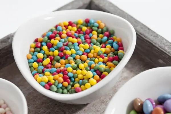 Variety Sprinkles Bowl Wooden Tray Closeup — Stock Photo, Image