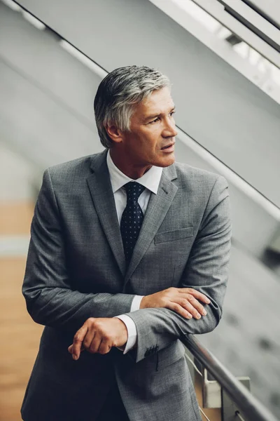 Homme d'affaires mature debout en balustrade regardant loin — Photo de stock