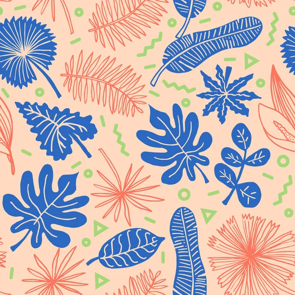 Vektornahtloses Muster Mit Tropischen Blättern Sommerhintergrund Mit Palmenblättern Regenwaldblättern Dschungel — Stockvektor